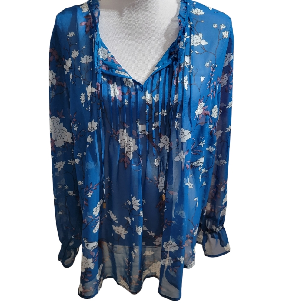 Liz Claiborne Career Sheer Blue Long Sleeve Blouse Bird Floral Print Ruffle XXL